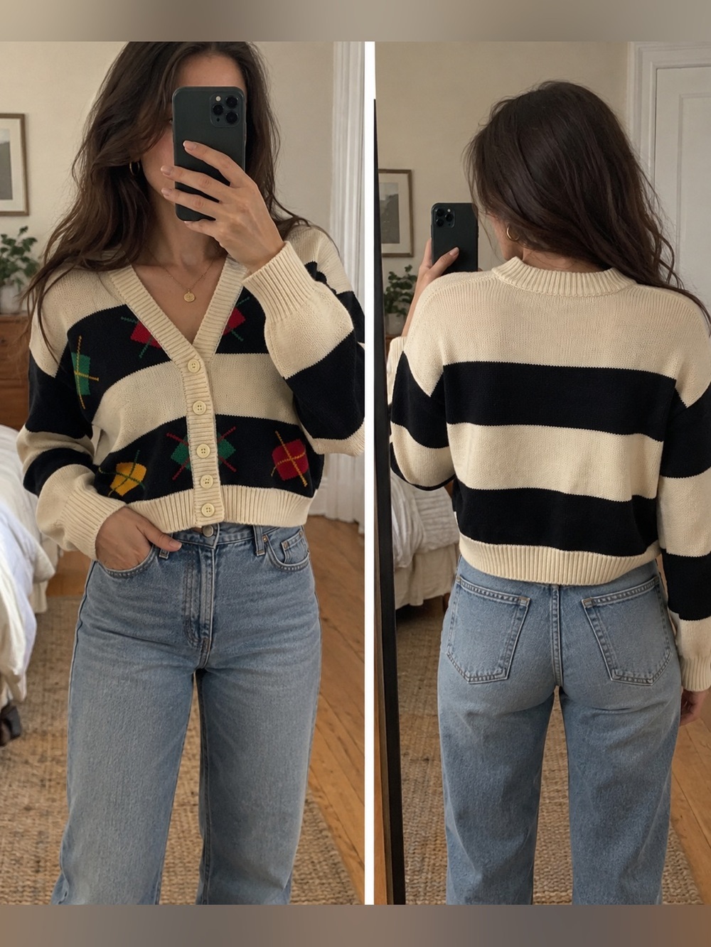 Vintage Cropped Knit Argyl Cardigan
